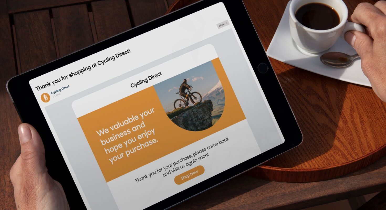 A customer receiving a thank you email from a cycling brand.