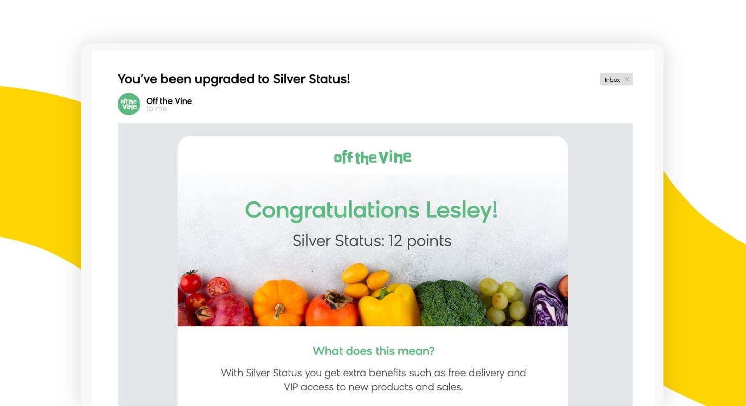 A customer receiving a loyalty program email from a brand, informing them of a change in their loyalty status.