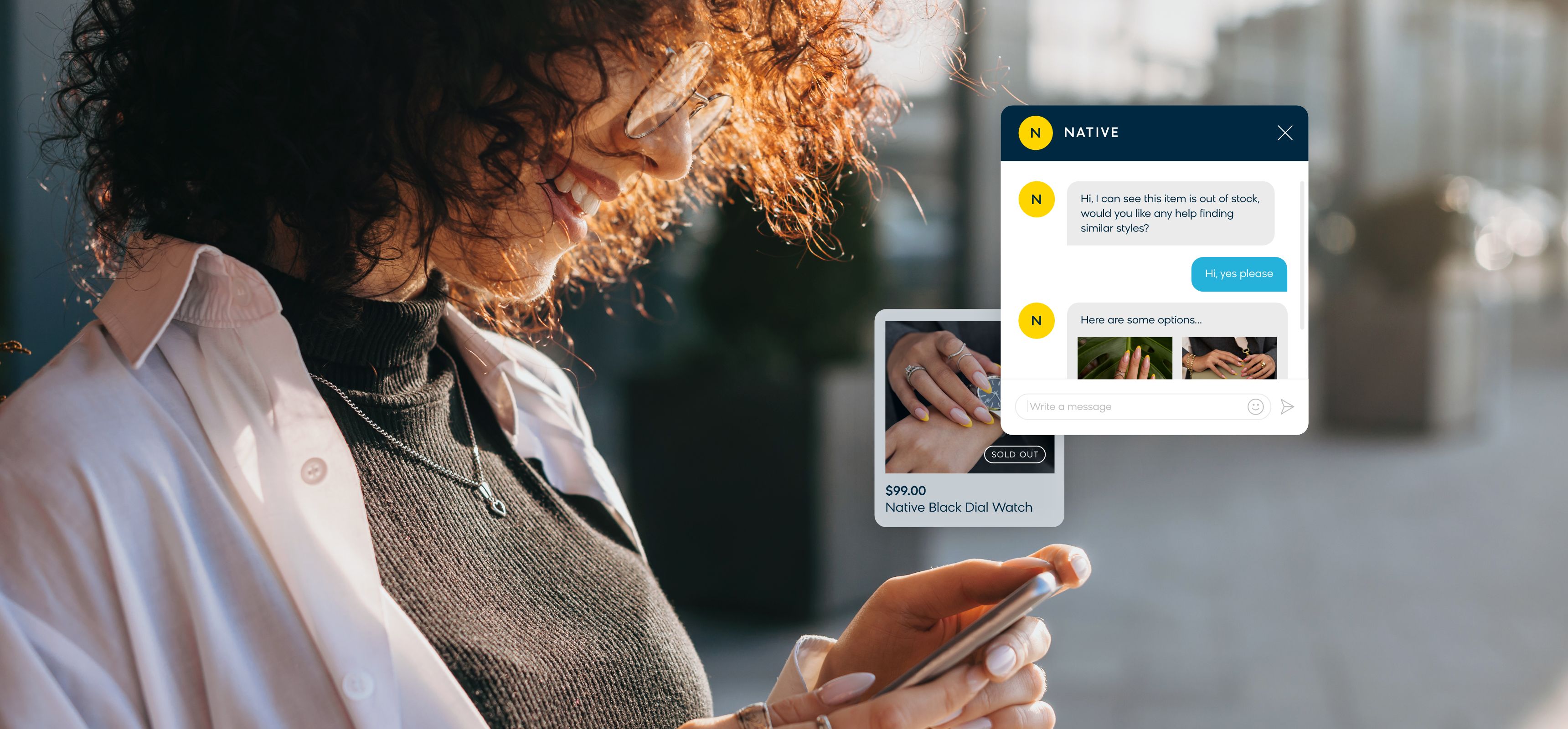 A shopper using conversational commerce, using automated conversations and AI technologies to create more engaging customer experiences when shopping online