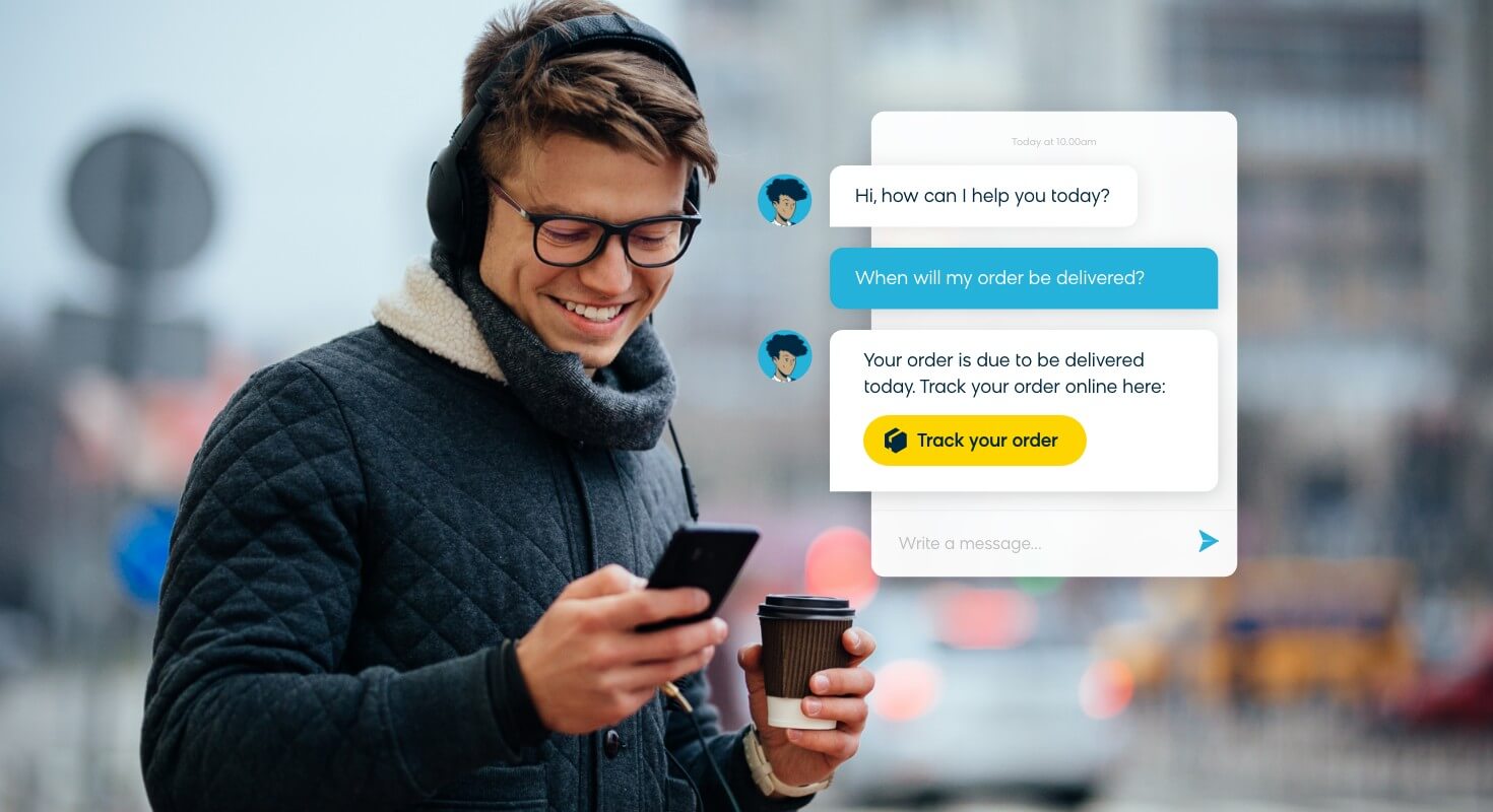 A customer interacting with an AI-powered chatbot via their mobile phone to check the status of an order delivery