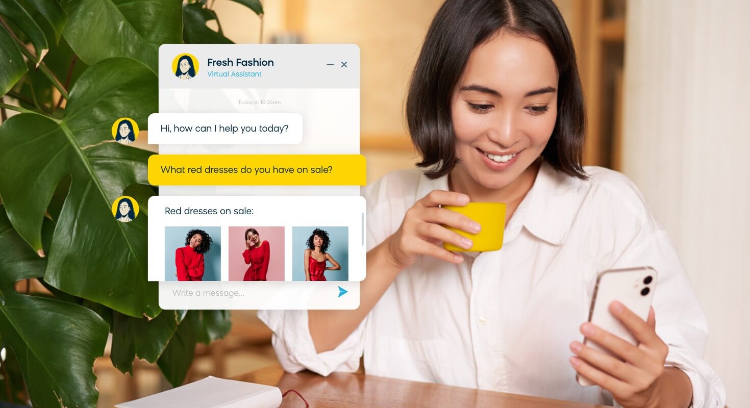 a customer interacting with an AI-powered chatbot, typing a message that asks "What red dresses do you have on sale?" with the chatbot responding with relevant product recommendations.