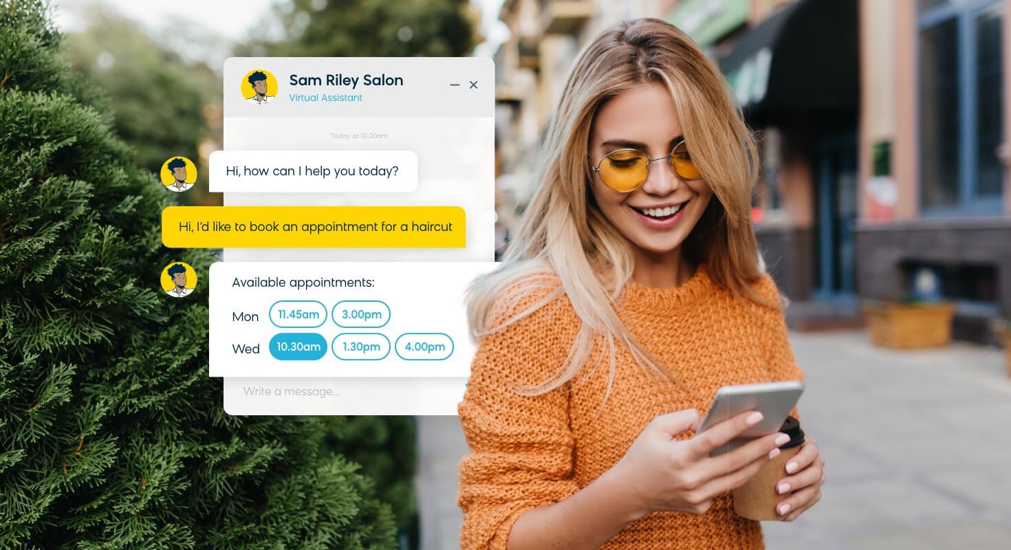 a customer using an AI-powered chatbot to make an appointment with a hair stylist.