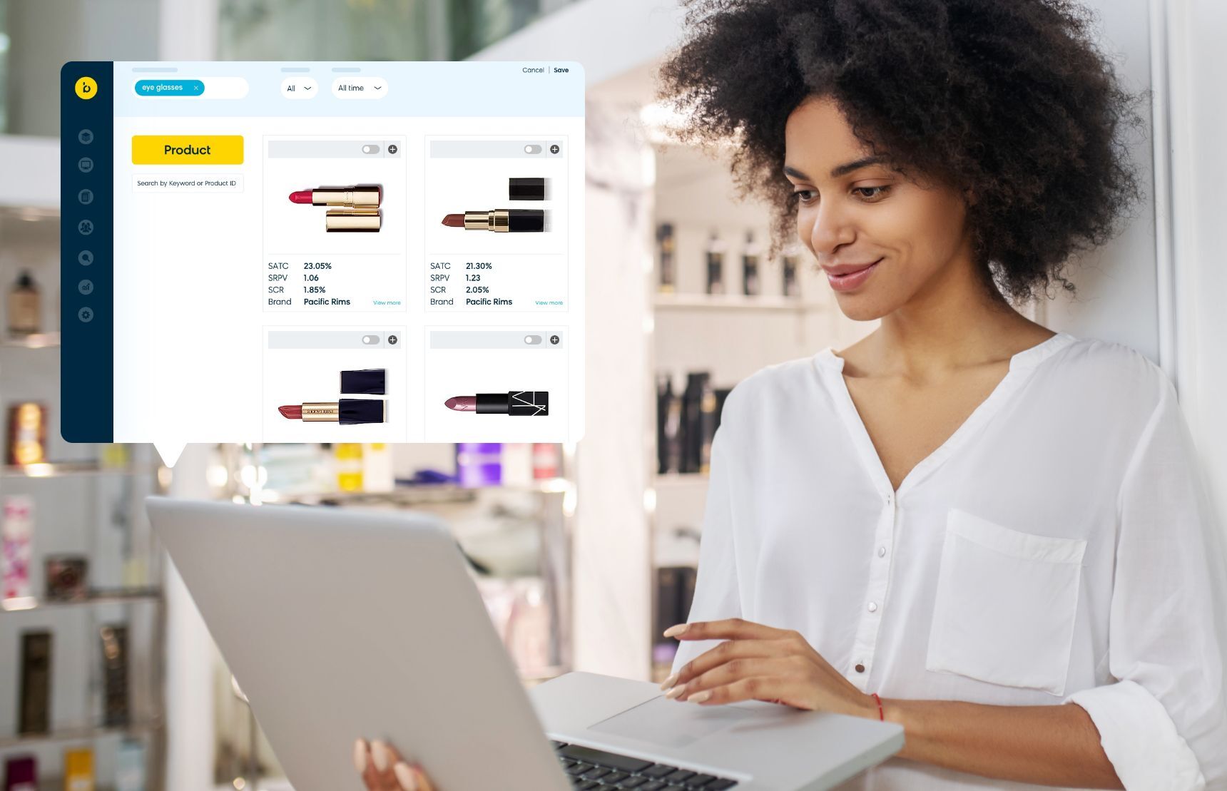 Merchandiser working with different shades of lipstick