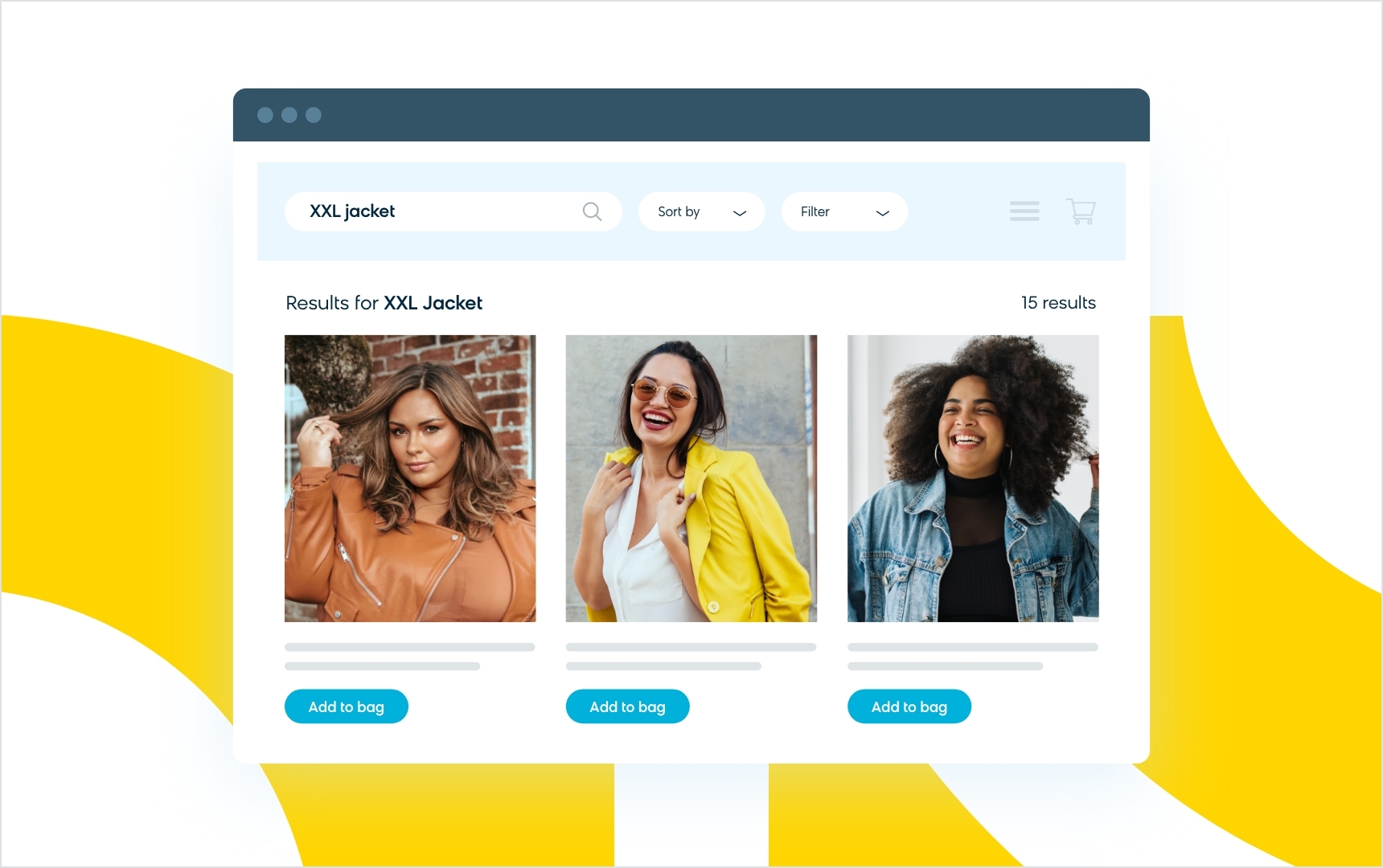 Example of Bloomreach Discovery SKU Select automatically showing models wearing XXL jackets to match the search