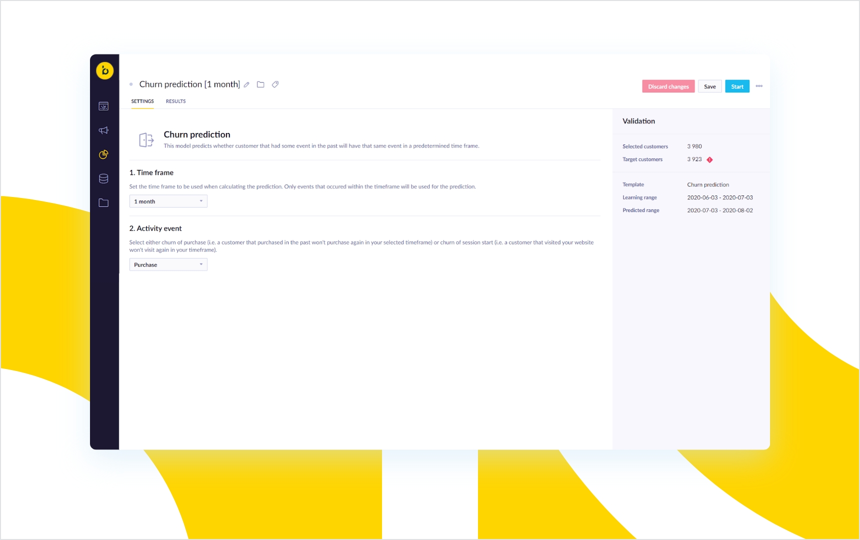 Bloomreach’s churn prediction template where marketers can set the time frame and activity event and harness AI to evaluate every customer’s probability of churn