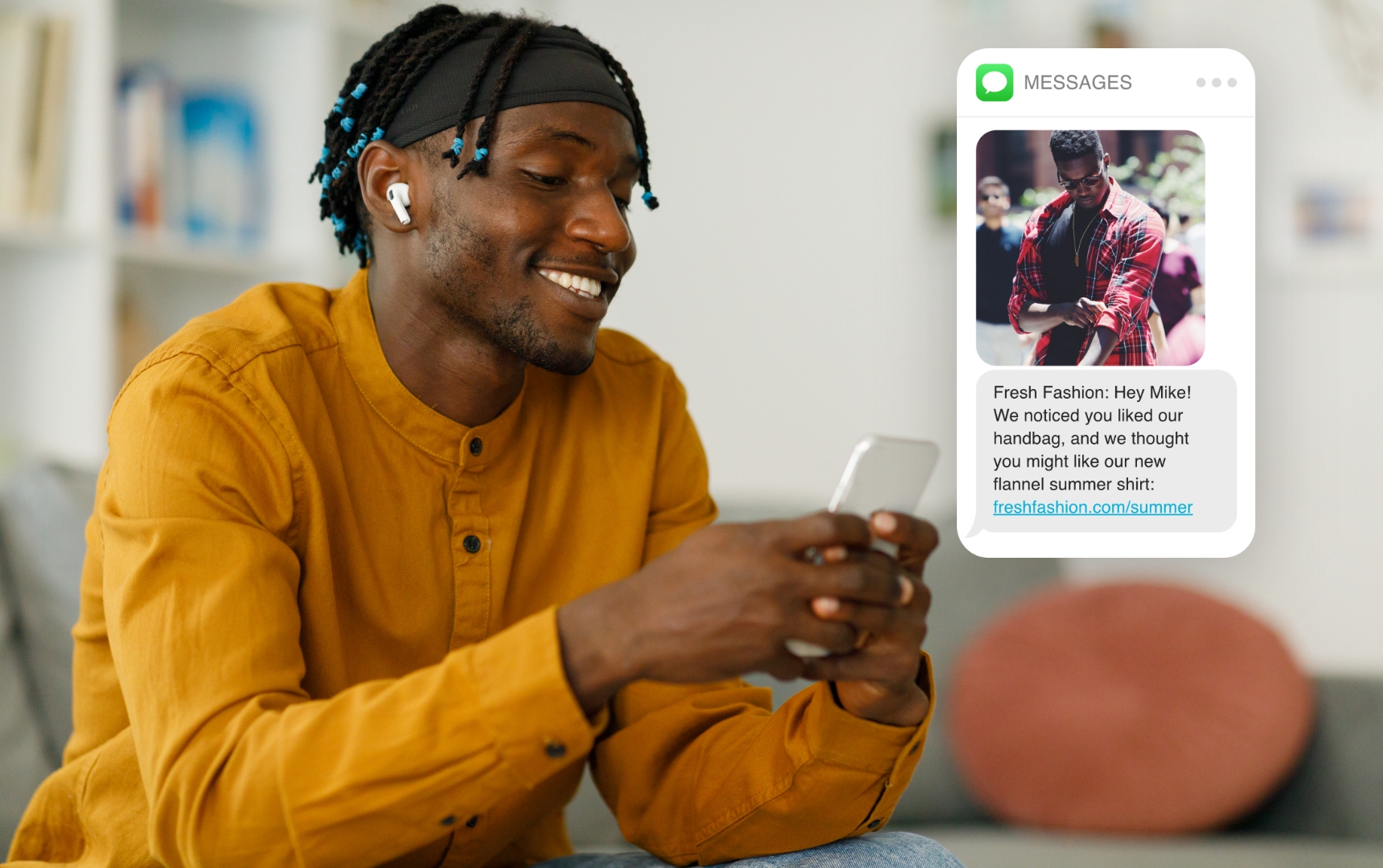 A customer receiving a personalized SMS text with product recommendations based on their unique preferences
