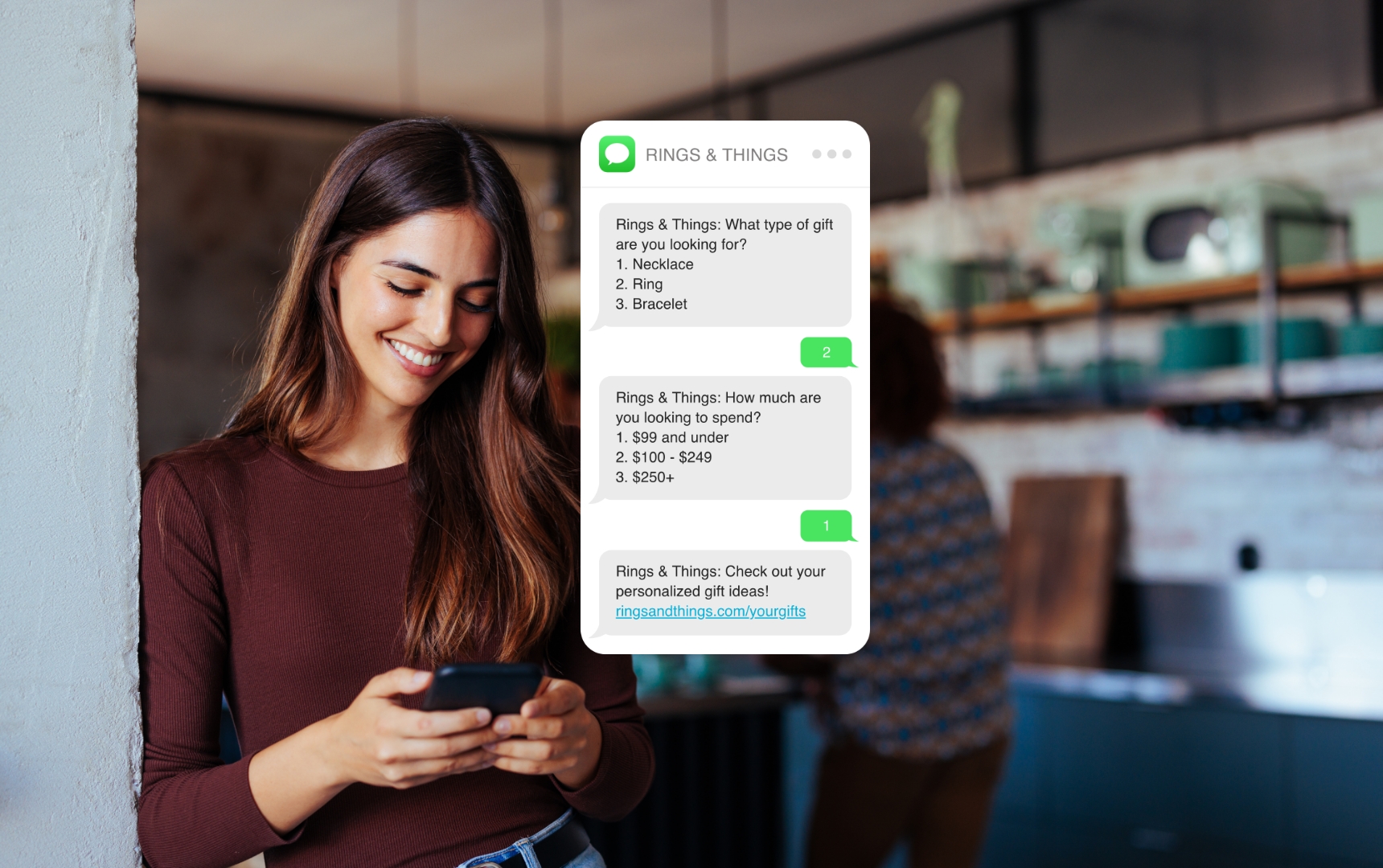 A conversational commerce exchange via SMS conversation between a business and a customer
