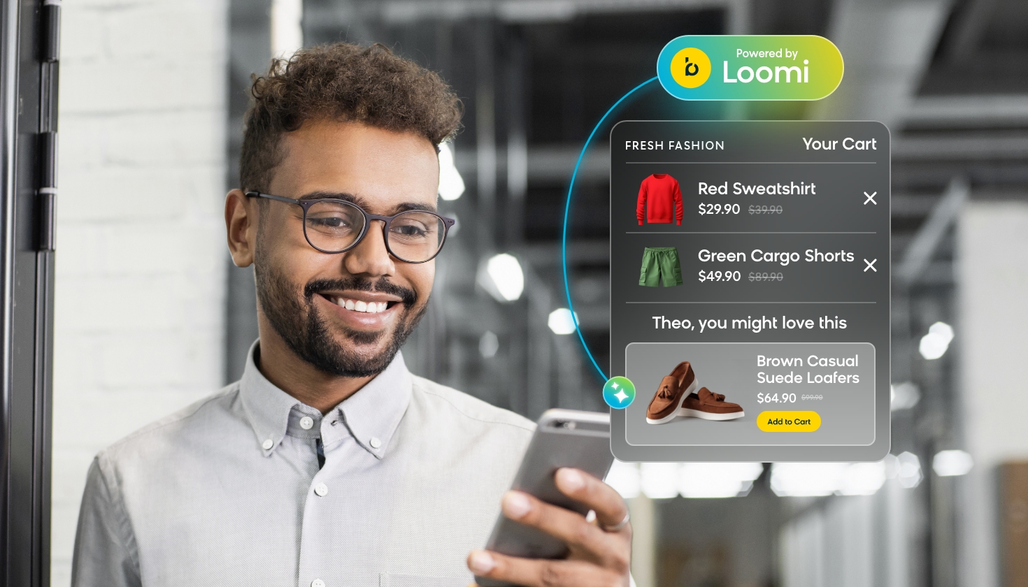 a customer seeing product recommendations tailored by Loomi, Bloomreach's AI for ecommerce