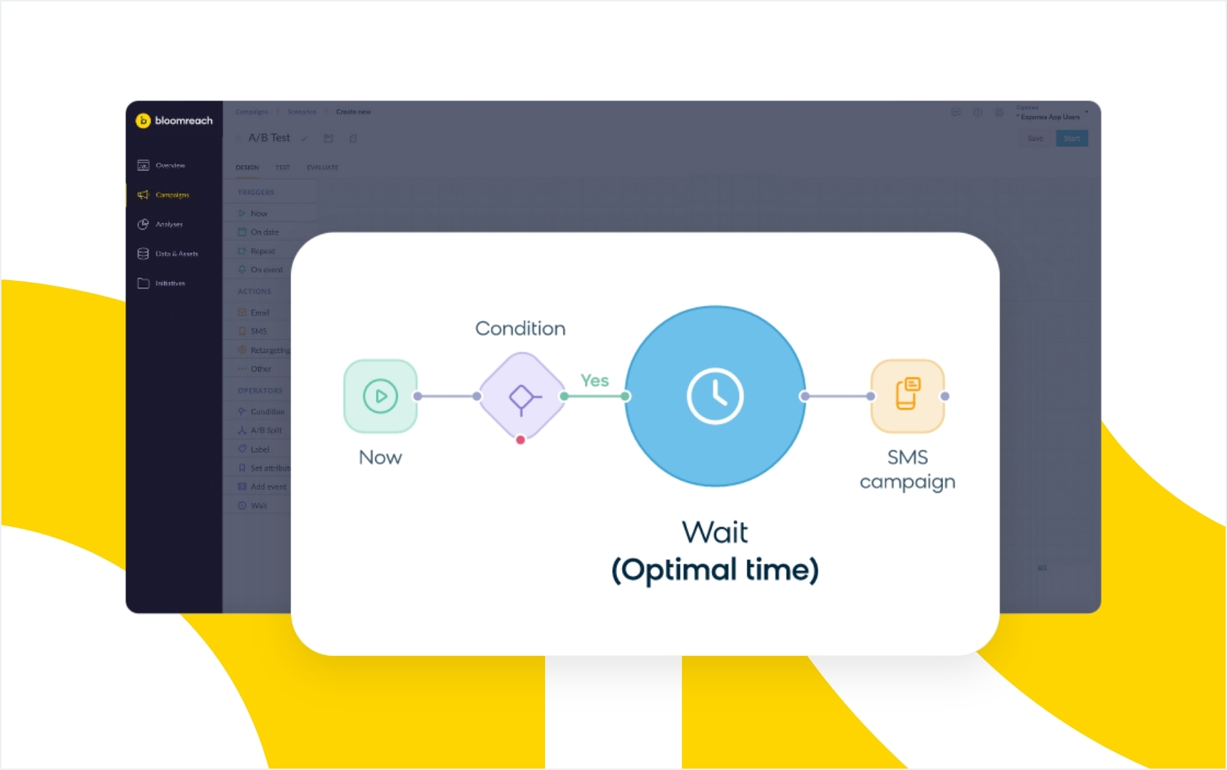 La fonction d'heure d'envoi optimale de Bloomreach, alimentée par l'IA, dans un flux de parcours client, permettant d'envoyer des campagnes de marketing au meilleur moment pour chaque client individuel