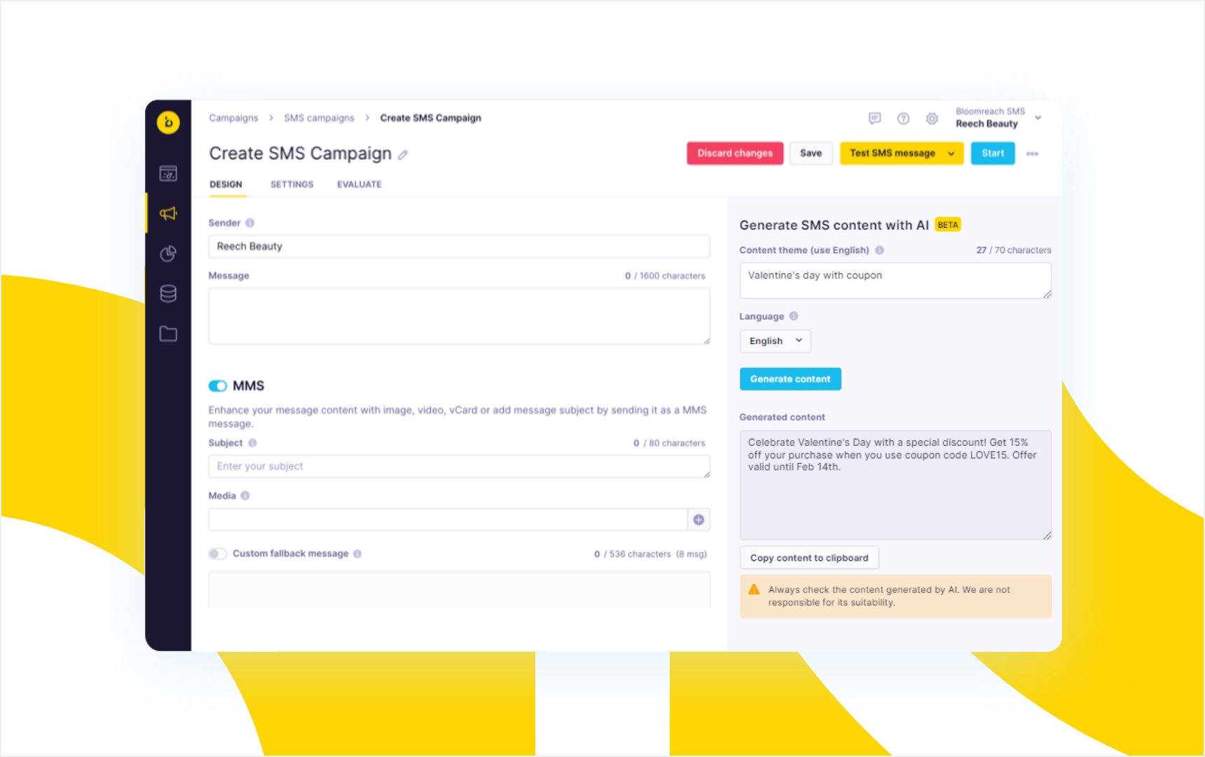 An in-platform view of Bloomreach Engagement’s AI content generator creating content for an SMS campaign