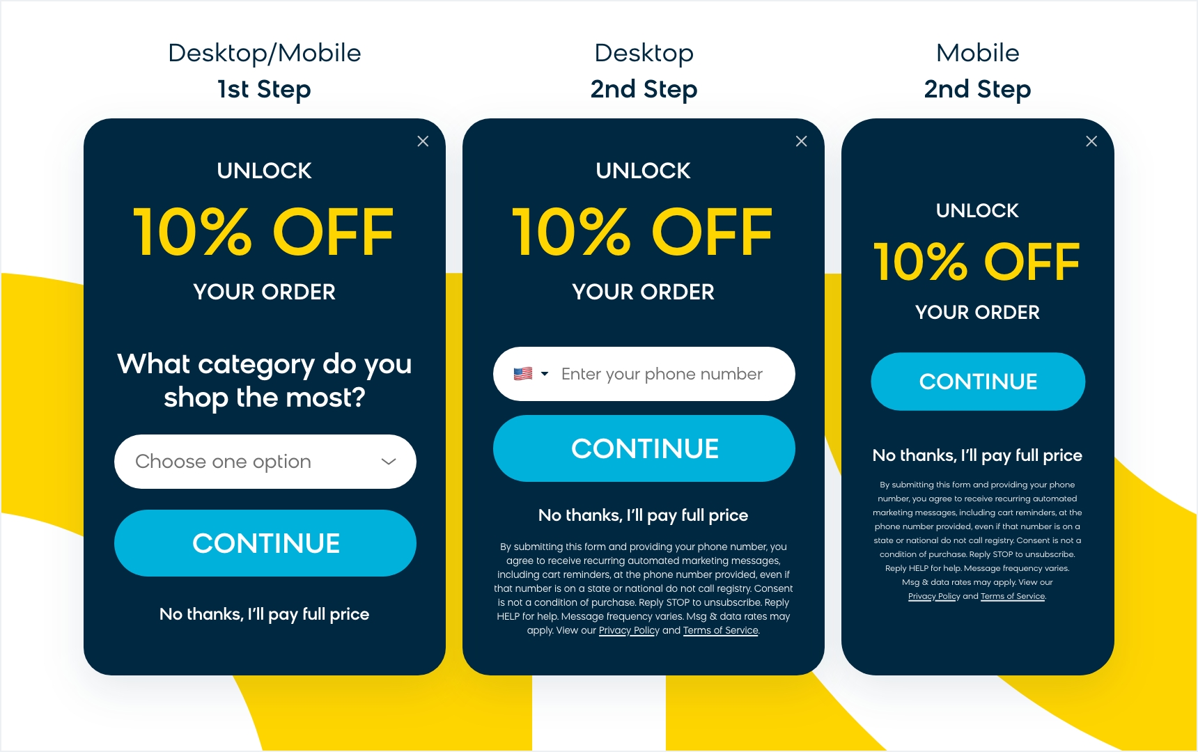 Examples of desktop and mobile banners used for capturing opt-ins for SMS marketing campaigns