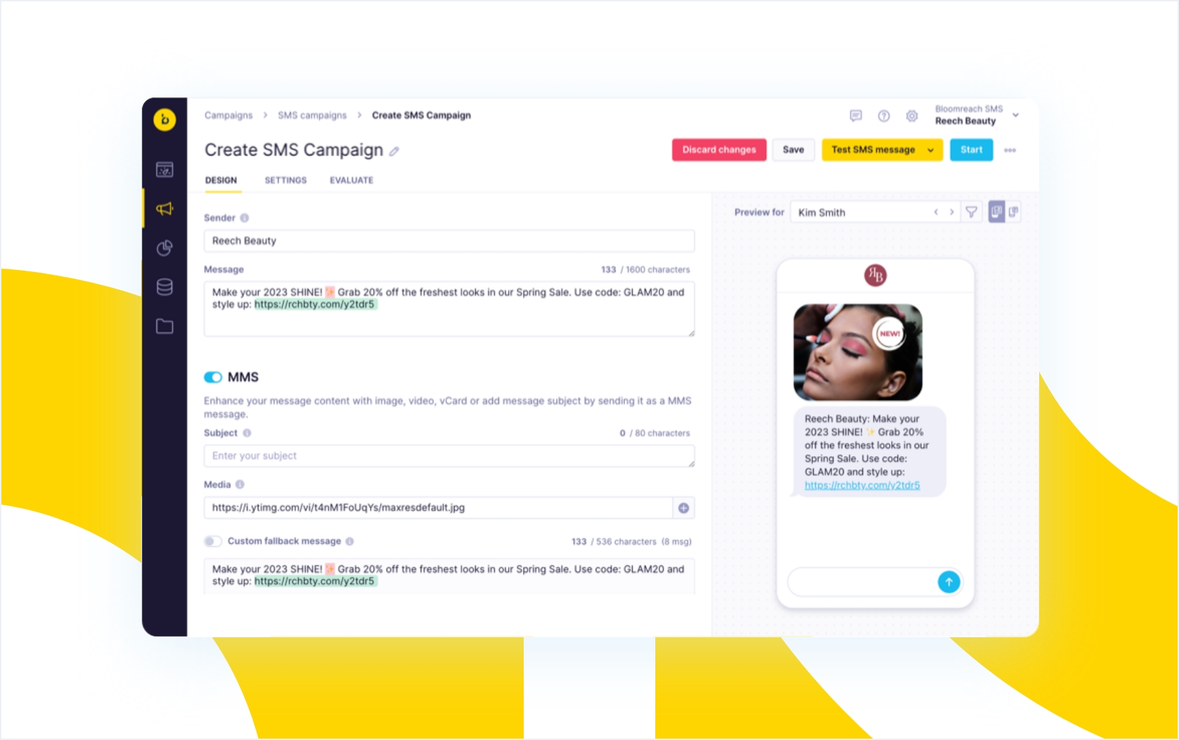 An in-platform view of Bloomreach Engagement’s AI content generator for SMS campaigns