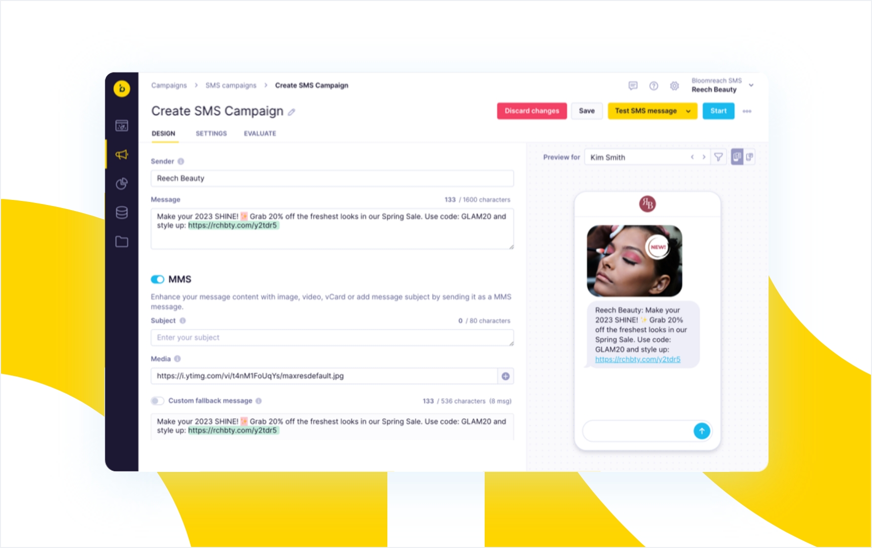 Bloomreach Engagement’s campaign builder where marketers can Create, Test, and Preview SMS Messages