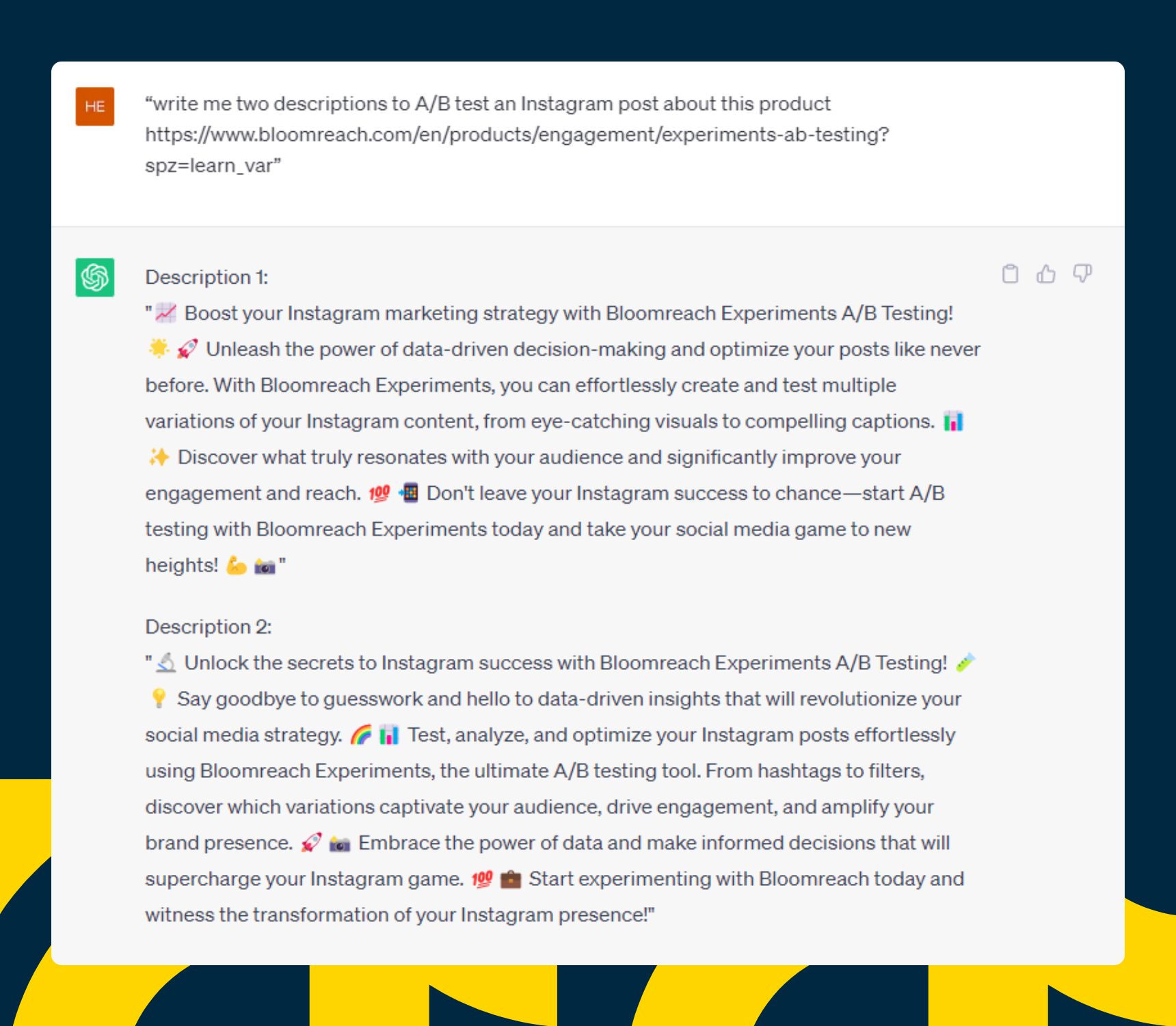Using ChatGPT to support A/B testing (note the use of emojis, which aligns with the specific social platform)
