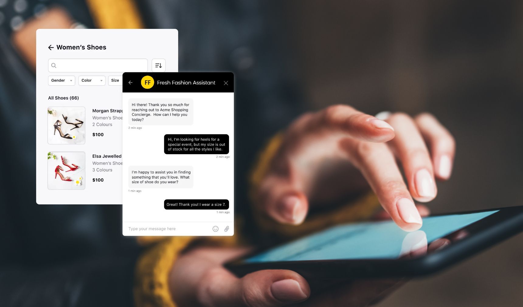 A customer interacting via chat with conversational commerce AI, offering a personalized experience as they shop with a brand.