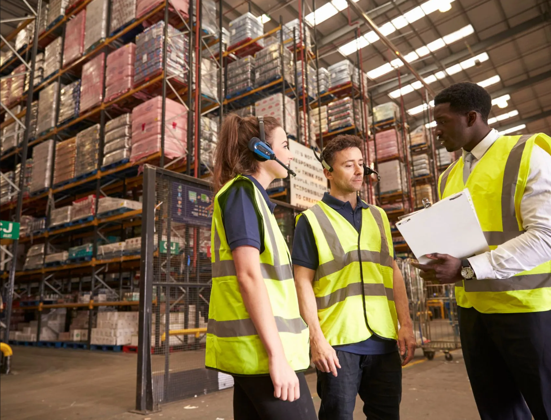 Group of Employees Having a Discussion in a Warehouse