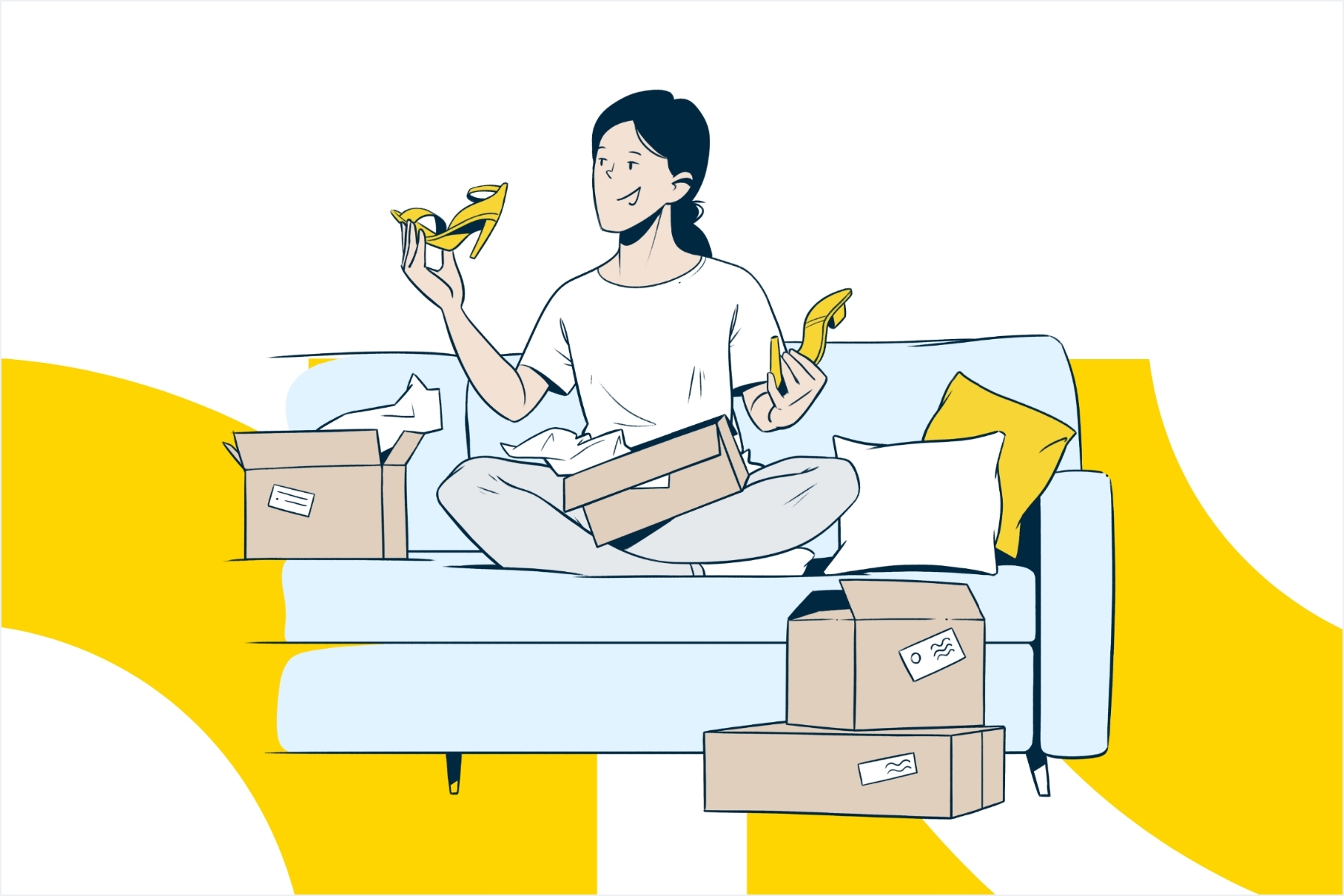 Illustration of Happy Customer Unboxing Shoes