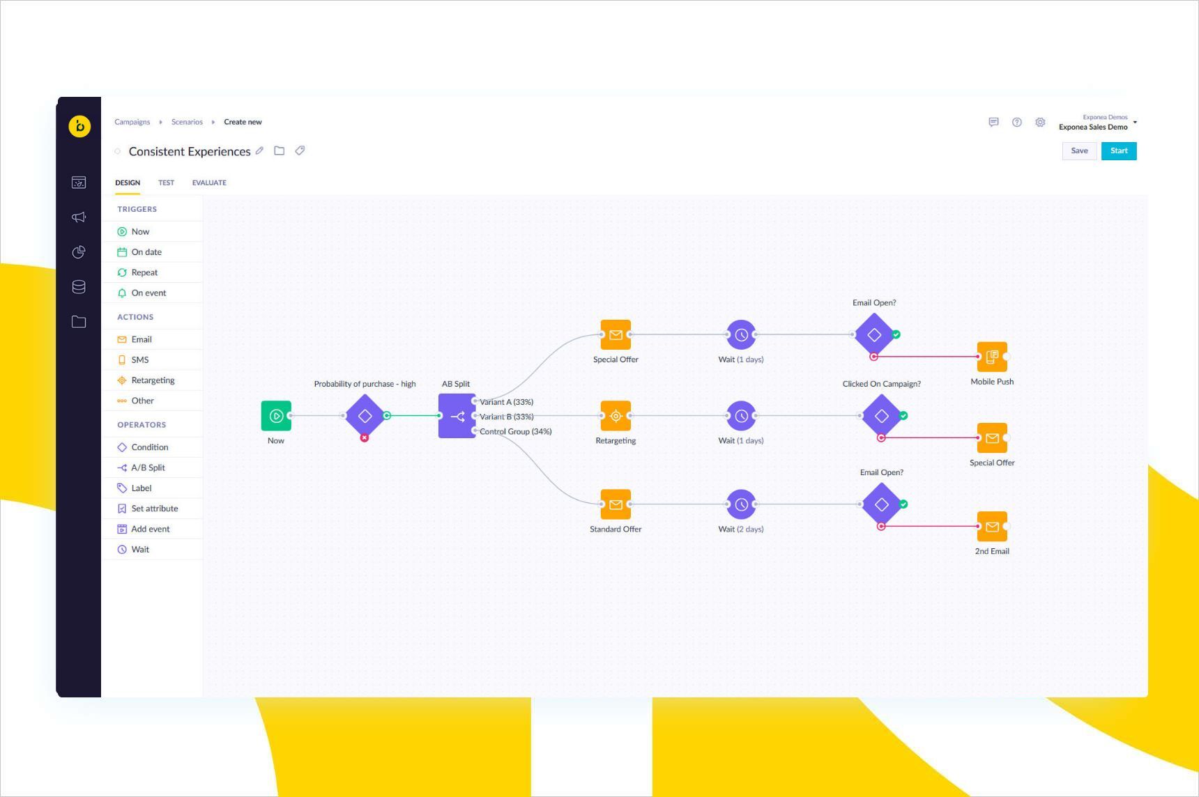 A view of a drag-and-drop customer journey builder, which lets businesses personalize interactions with segmented audiences.