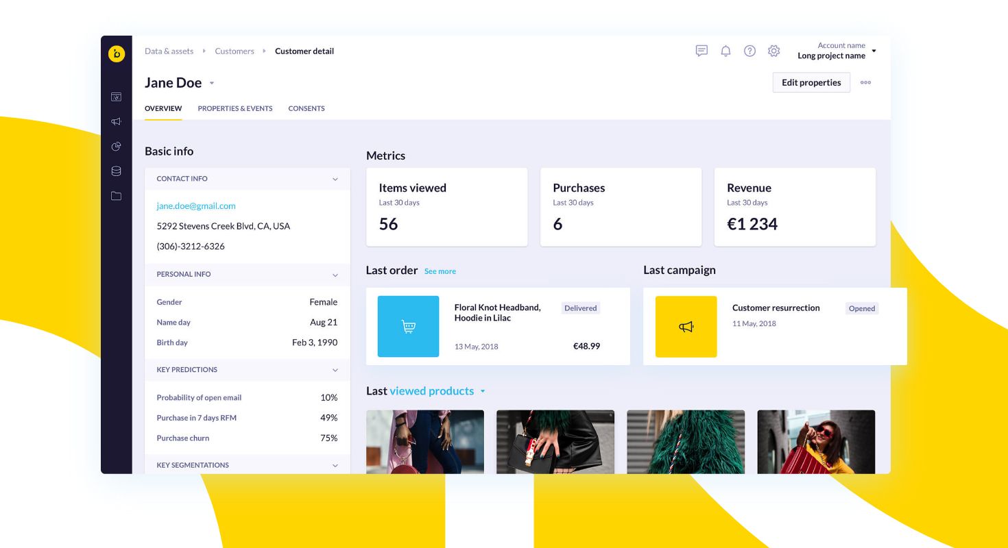 An in-app view of Bloomreach's single customer view of each customer, providing a database of customer profiles where all their most pertinent data is stored