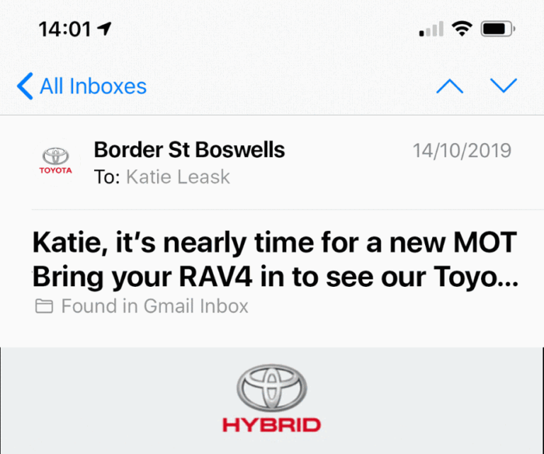 email personalization segmentation - toyota subject line