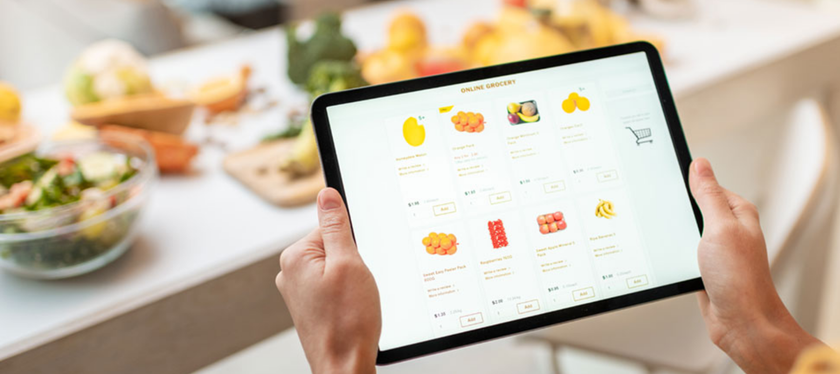 A shopper searching an online marketplace powered by the right technology for e-commerce grocery businesses.