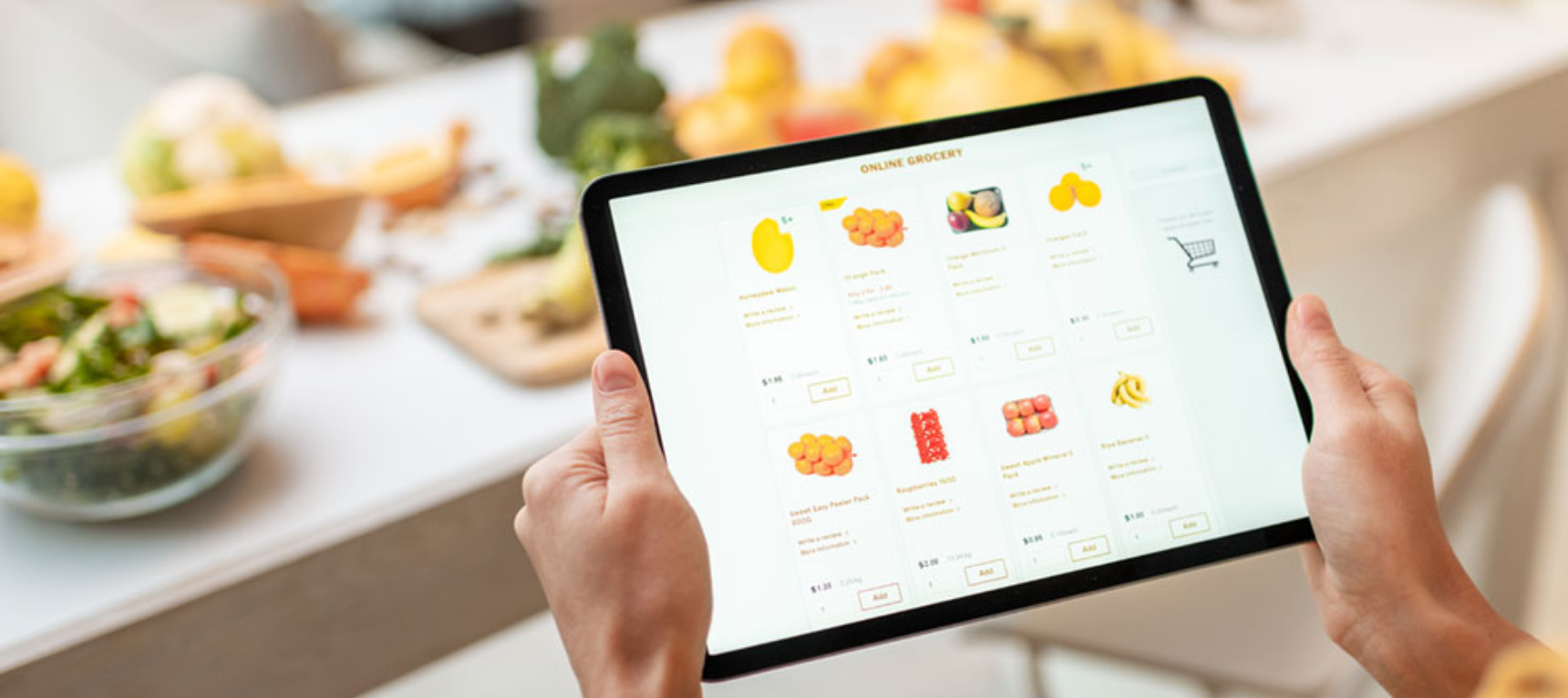 A shopper searching an online marketplace powered by the right technology for ecommerce grocery businesses.