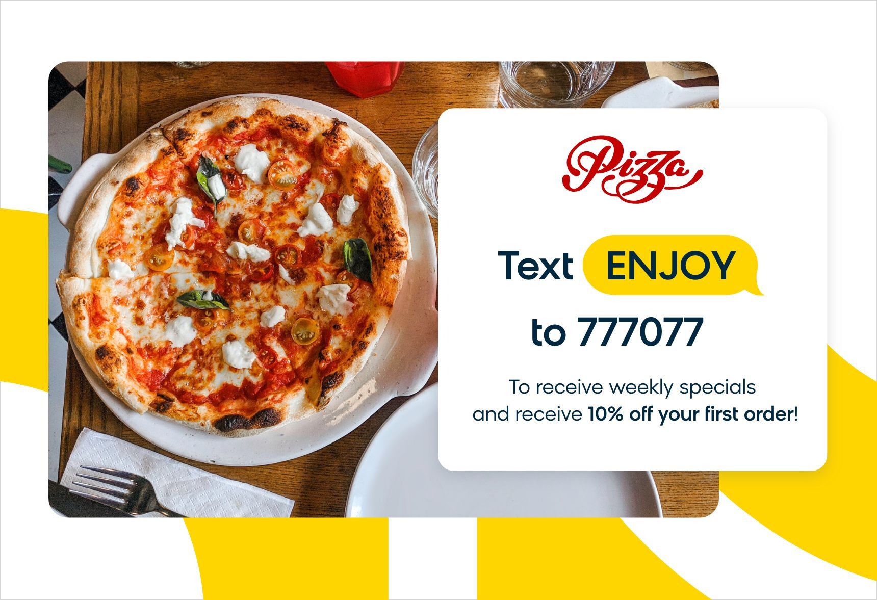 An SMS short code marketing message for a pizza restaurant invite customers to text a short code for discounts.